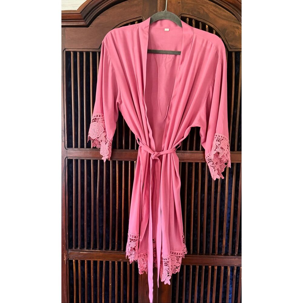 Pink Lace Trim Kimono Robe Sheer Tie Waist Lightweight One Size